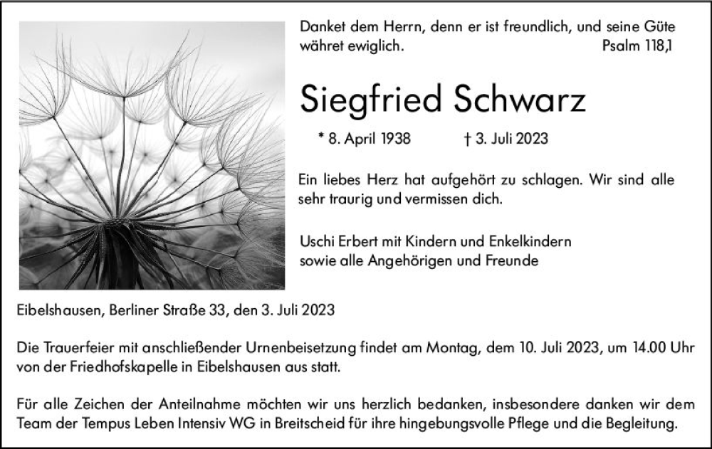  Traueranzeige für Siegfried Schwarz vom 06.07.2023 aus Dill Block