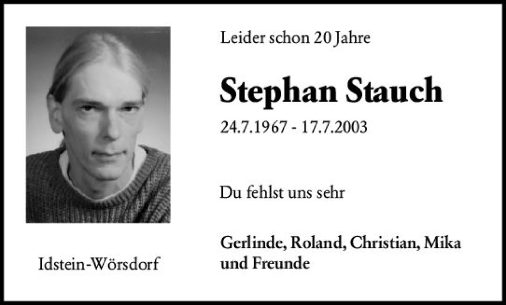  Traueranzeige für Stephan Stauch vom 17.07.2023 aus Idsteiner Land/Untertaunus