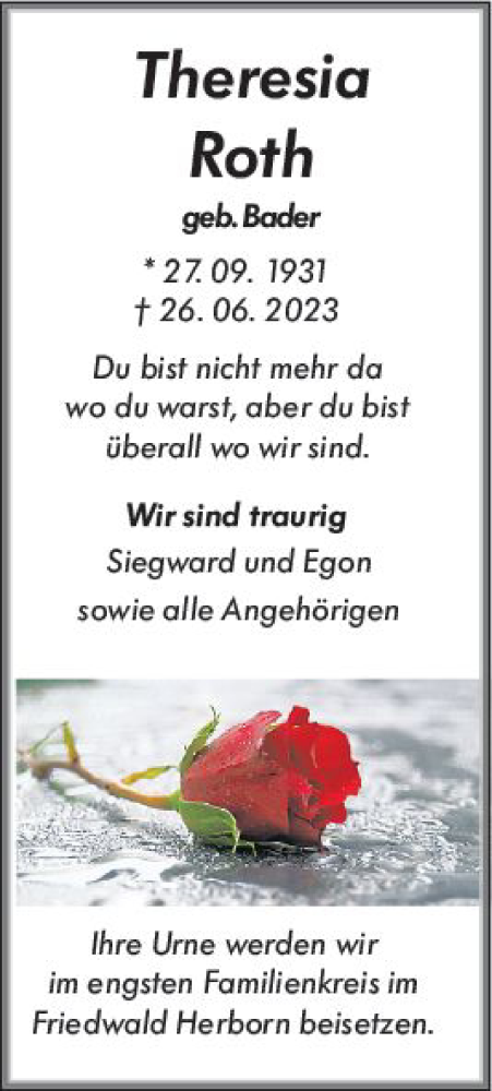 Traueranzeige von Theresia Roth von Wetzlarer Neue Zeitung