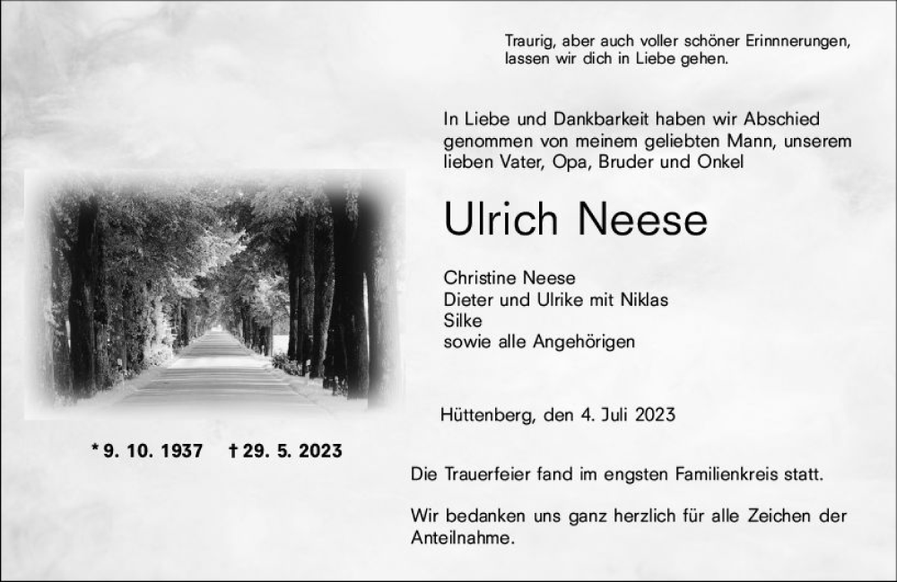  Traueranzeige für Ulrich Neese vom 04.07.2023 aus Wetzlarer Neue Zeitung