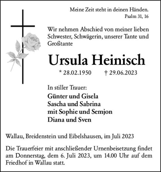 Traueranzeige von Ursula Heinisch von Hinterländer Anzeiger