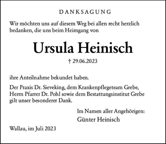 Traueranzeige von Ursula Heinisch von Hinterländer Anzeiger