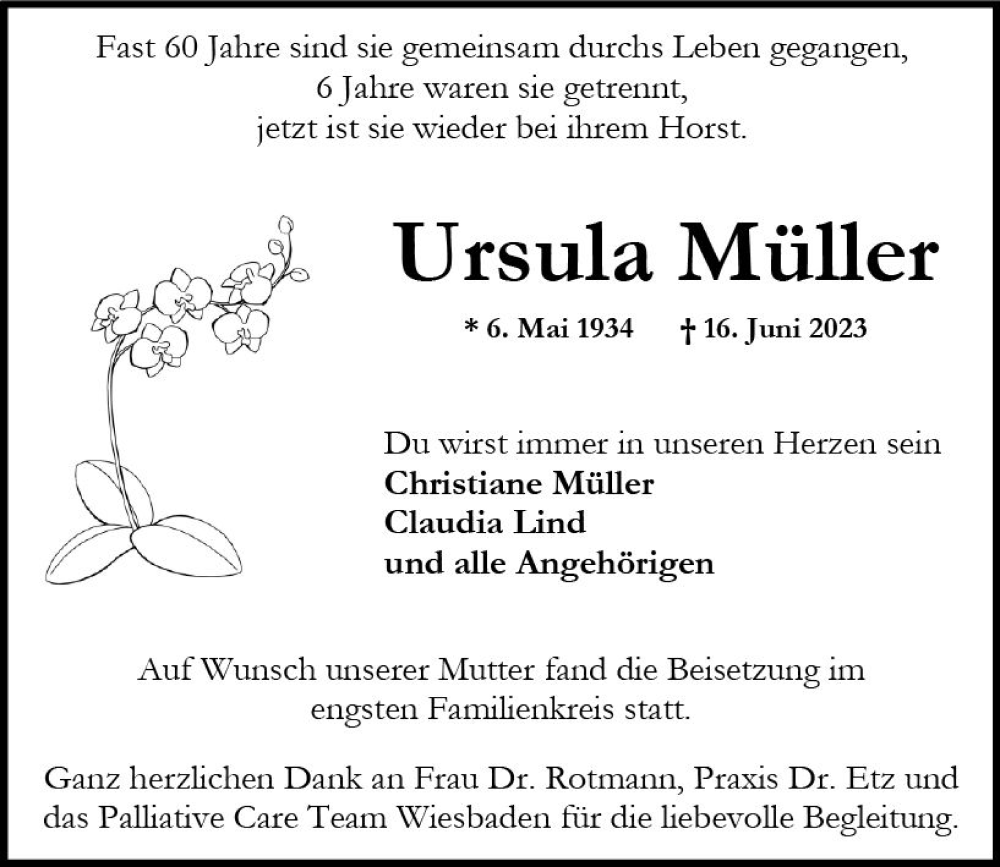  Traueranzeige für Ursula Müller vom 22.07.2023 aus Wiesbadener Kurier