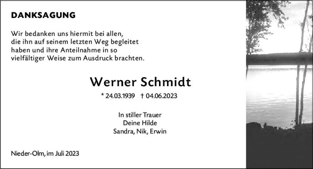  Traueranzeige für Werner Schmidt vom 15.07.2023 aus Allgemeine Zeitung Mainz