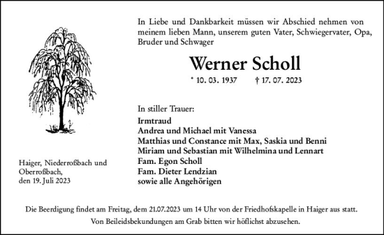 Traueranzeige von Werner Scholl von Dill Block
