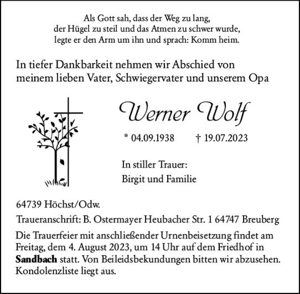  Traueranzeige für Werner Wolf vom 29.07.2023 aus Odenwälder Echo