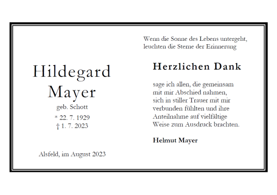 Traueranzeige von Hildegard Mayer von VRM Trauer