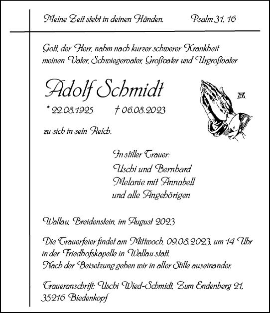  Traueranzeige für Adolf Schmidt vom 08.08.2023 aus Hinterländer Anzeiger