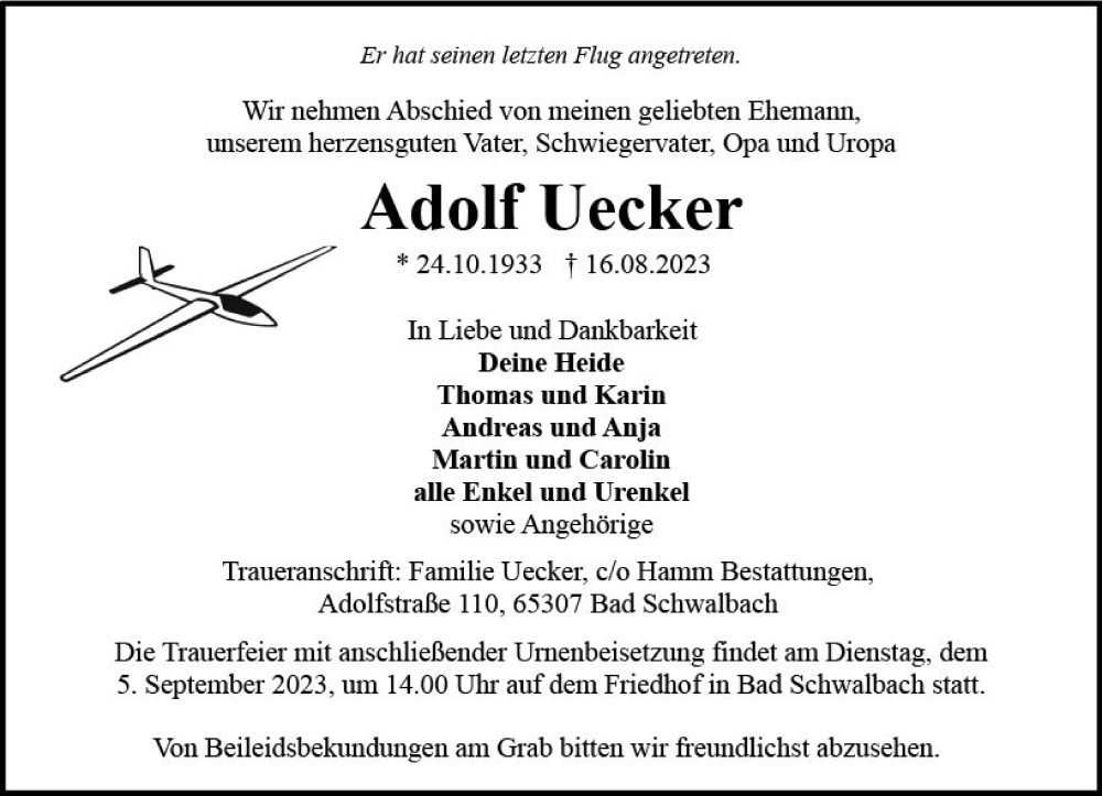 Traueranzeige für Adolf Uecker vom 26.08.2023 aus Idsteiner Land/Untertaunus