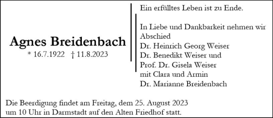Traueranzeige von Agnes Breidenbach von Darmstädter Echo