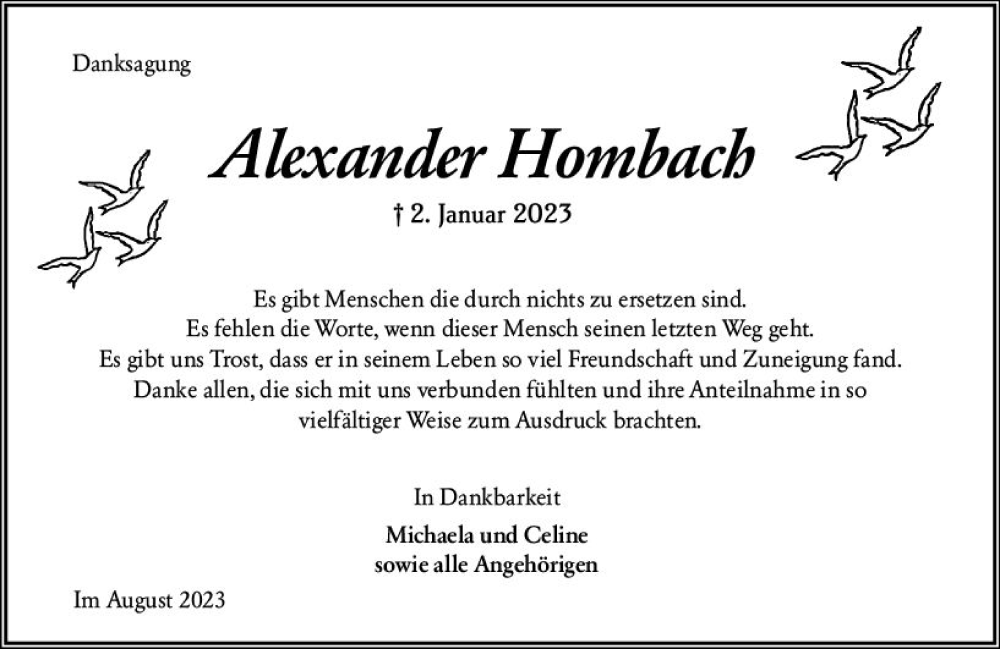  Traueranzeige für Alexander Hombach vom 12.08.2023 aus Allgemeine Zeitung Mainz