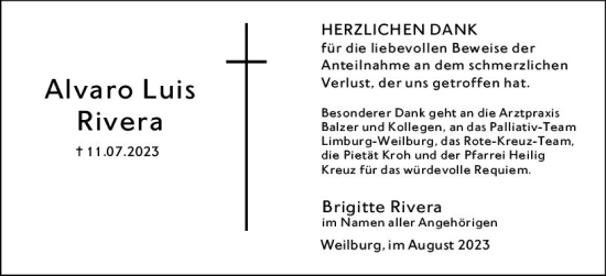 Traueranzeige von Alvaro Luis Rivera von Weilburger Tageblatt