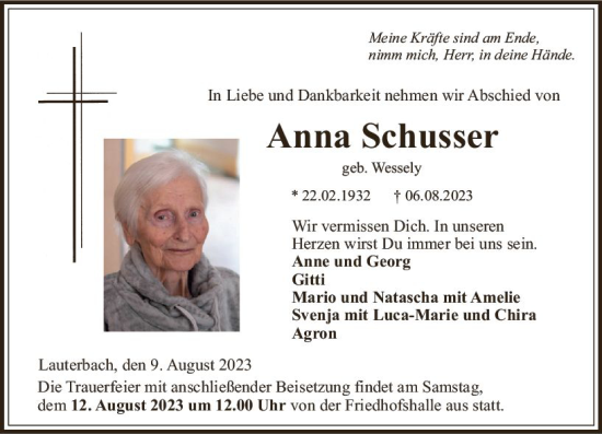 Traueranzeige von Anna Schusser von VRM Trauer