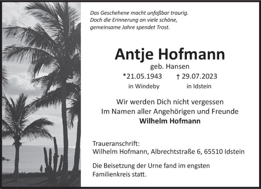  Traueranzeige für Antje Hofmann vom 19.08.2023 aus Idsteiner Land/Untertaunus
