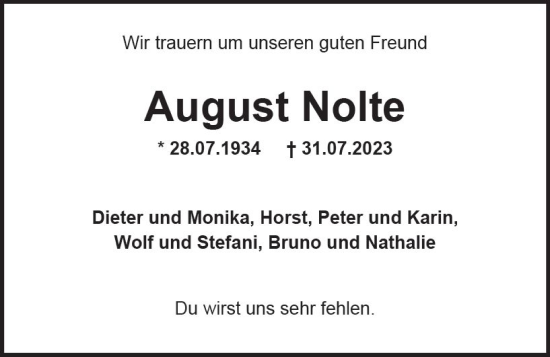 Traueranzeige von August Nolte von Wiesbadener Kurier