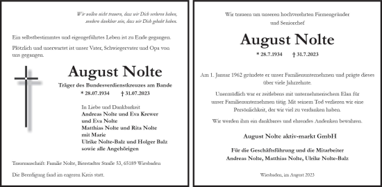 Traueranzeige von August Nolte von Wiesbadener Kurier