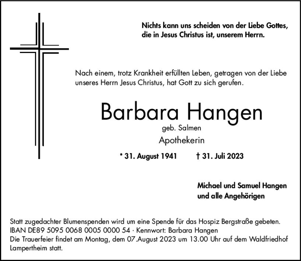  Traueranzeige für Barbara Hangen vom 03.08.2023 aus Starkenburger Echo