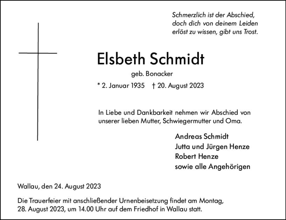  Traueranzeige für Elsbeth Schmidt vom 24.08.2023 aus Hinterländer Anzeiger