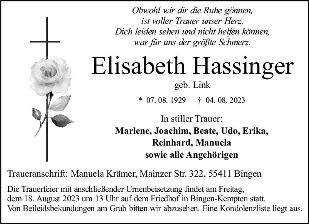  Traueranzeige für Elisabeth Hassinger vom 12.08.2023 aus Bingen/Ingelheim WOBL inkl. Neue Binger Ztg.