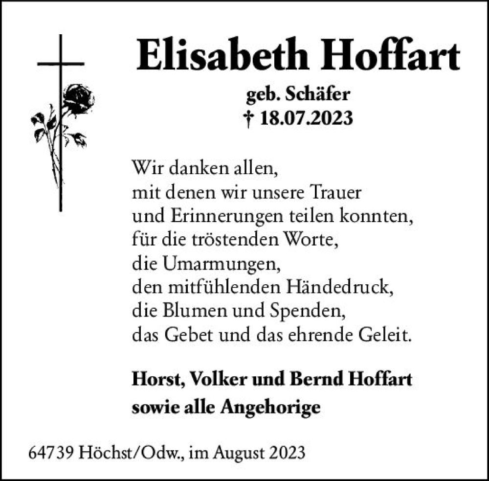  Traueranzeige für Elisabeth Hoffart vom 05.08.2023 aus Odenwälder Echo