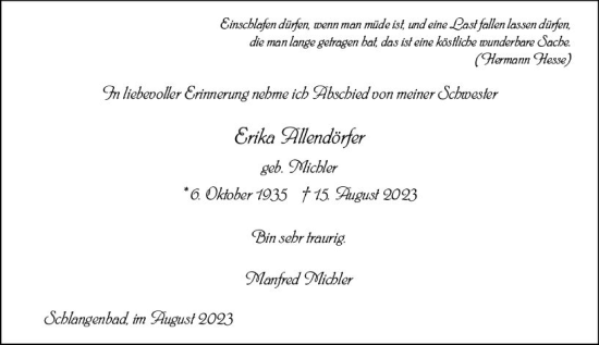 Traueranzeige von Erika Allendörfer von Wiesbadener Kurier