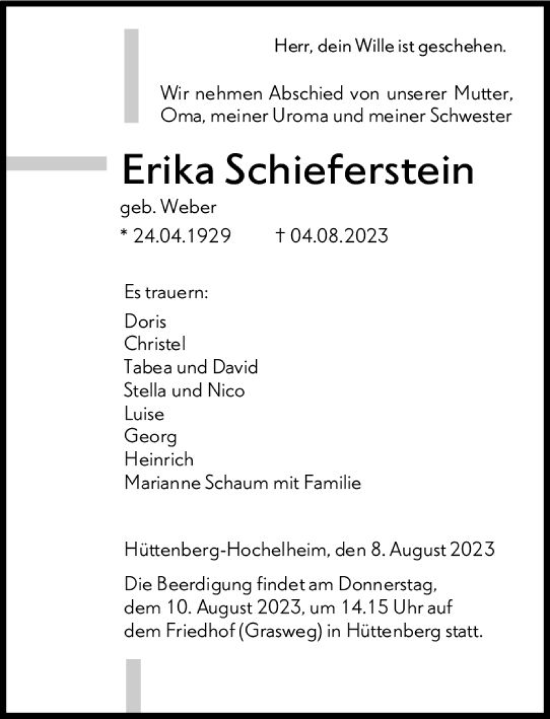Traueranzeige von Erika Schieferstein von Wetzlarer Neue Zeitung