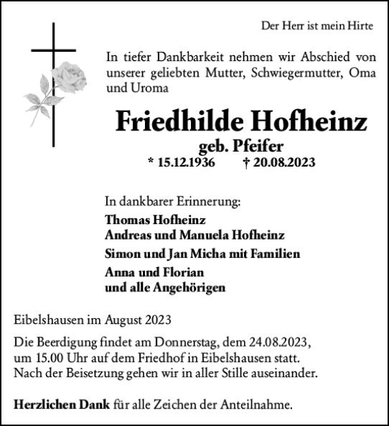 Traueranzeige von Friedhilde Hofheinz von Dill Block