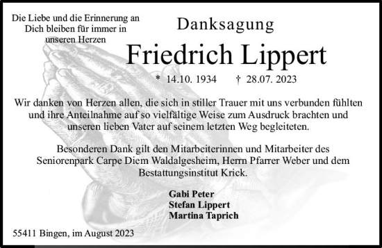 Traueranzeige von Friedrich  Lippert von Allgemeine Zeitung Bingen/Ingelheim