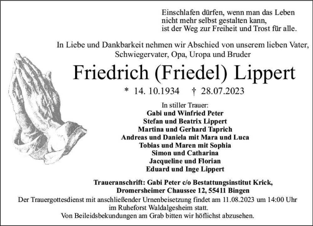  Traueranzeige für Friedrich  Lippert vom 05.08.2023 aus Allgemeine Zeitung Bingen/Ingelheim