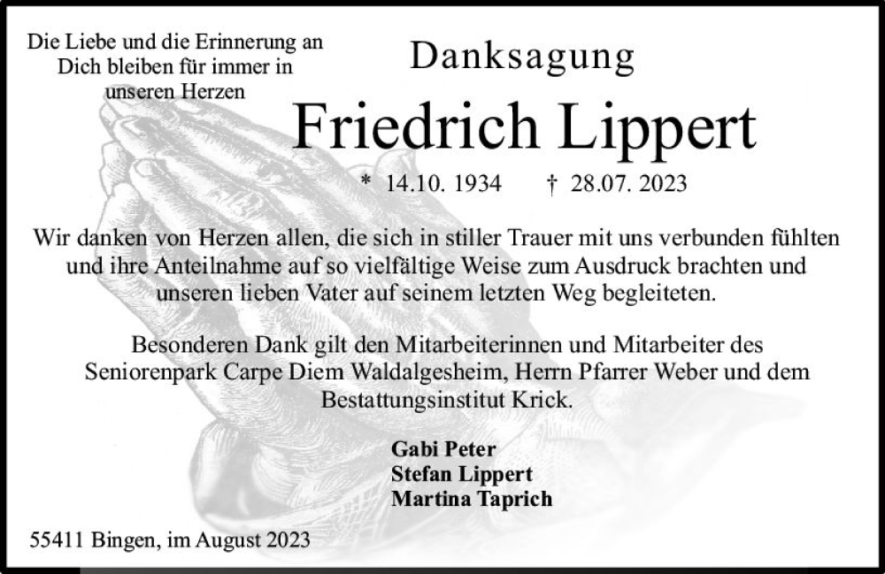 Traueranzeige für Friedrich  Lippert vom 26.08.2023 aus Allgemeine Zeitung Bingen/Ingelheim