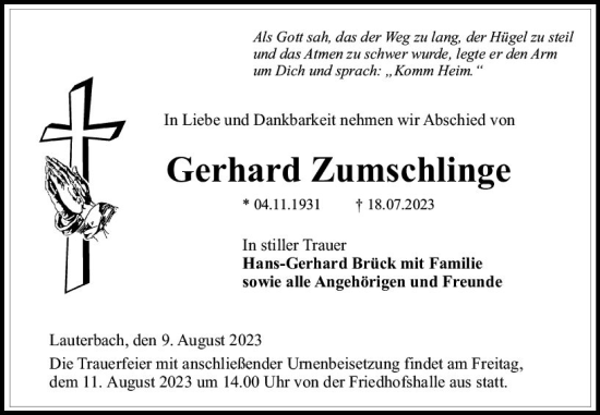 Traueranzeige von Gerhard Zumschlinge von VRM Trauer