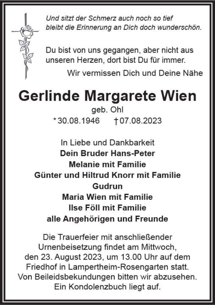  Traueranzeige für Gerlinde Margarete Wien vom 19.08.2023 aus Wormser Zeitung