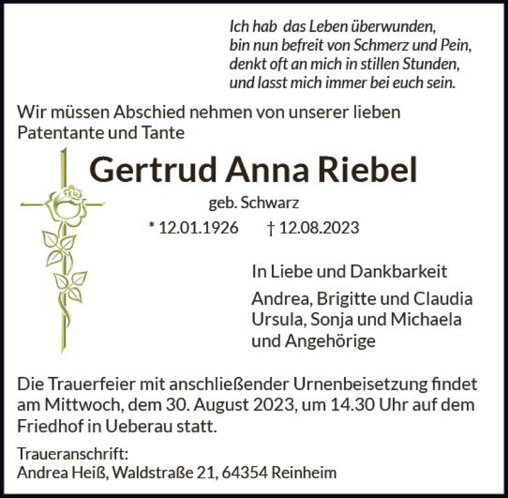  Traueranzeige für Gertrud Anna Riebe vom 26.08.2023 aus Darmstädter Echo