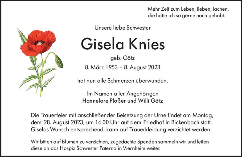  Traueranzeige für Gisela Knies vom 19.08.2023 aus Darmstädter Echo