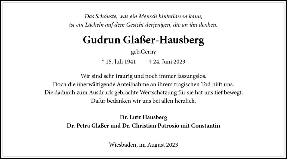 Traueranzeige für Gudrun Glaßer-Hausberg vom 12.08.2023 aus Wiesbadener Kurier