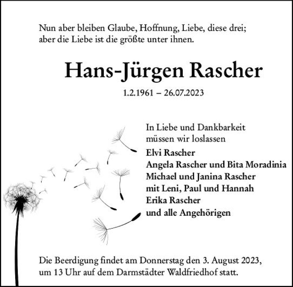  Traueranzeige für Hans-Jürgen Rascher vom 02.08.2023 aus Darmstädter Echo