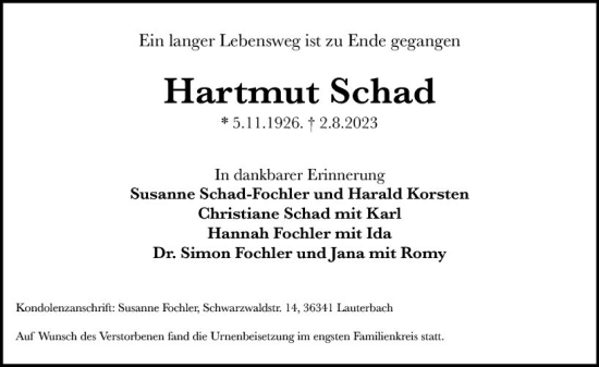 Traueranzeige von Hartmut Schad von VRM Trauer