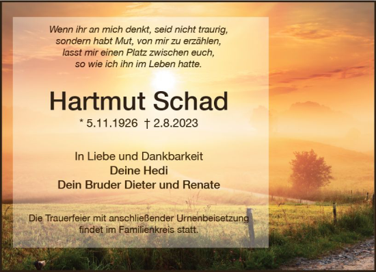 Traueranzeige von Hartmut Schad von VRM Trauer