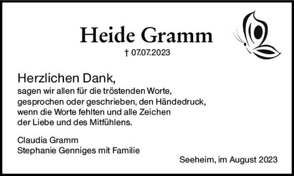  Traueranzeige für Heide Gramm vom 19.08.2023 aus Darmstädter Echo