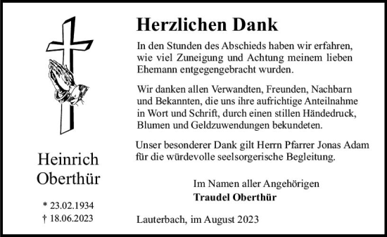 Traueranzeige von Heinrich Oberthür von VRM Trauer