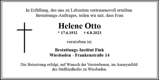 Traueranzeige von Helene Otto von Wiesbadener Kurier