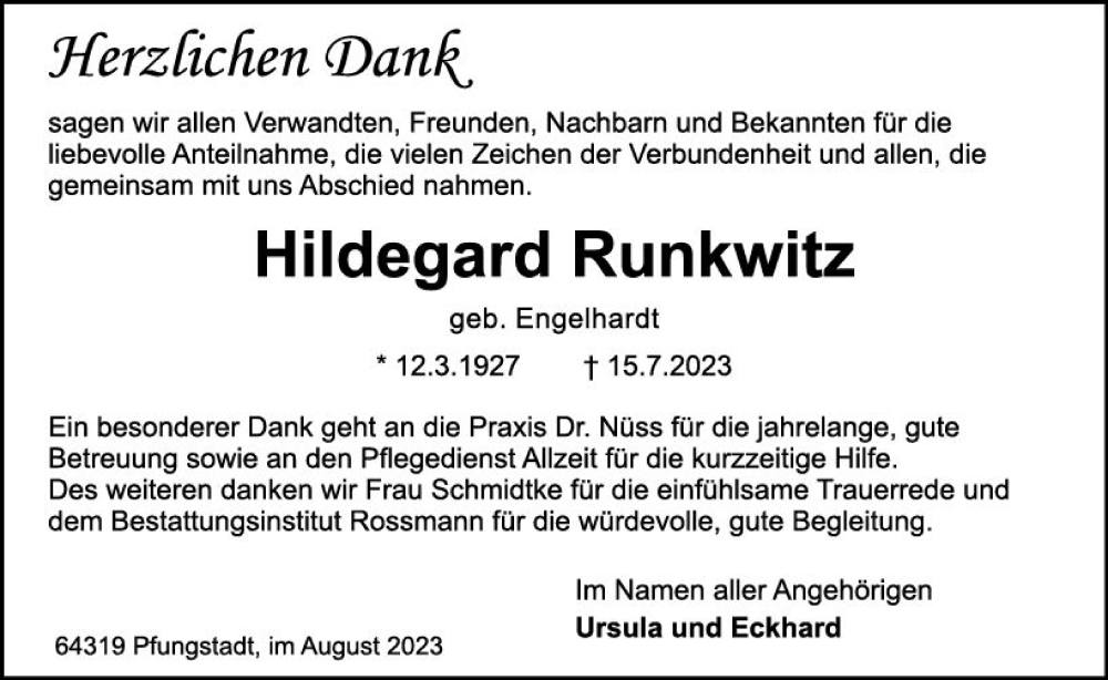  Traueranzeige für Hildegard Runkwitz vom 12.08.2023 aus Darmstädter Echo