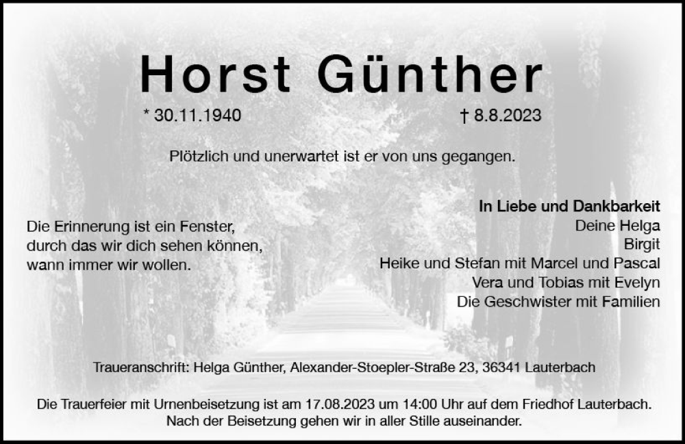  Traueranzeige für Horst Günther vom 15.08.2023 aus VRM Trauer