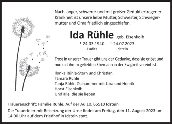 Traueranzeige von Ida Rühle von Idsteiner Land/Untertaunus