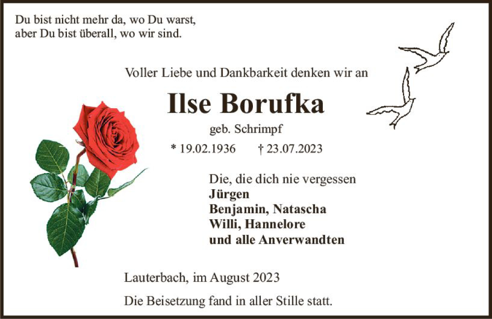  Traueranzeige für Ilse Borufka vom 09.08.2023 aus VRM Trauer