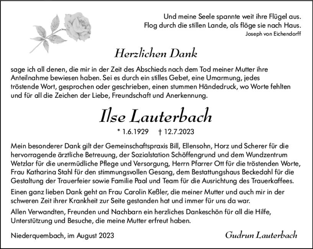  Traueranzeige für Ilse Lauterbach vom 12.08.2023 aus Wetzlarer Neue Zeitung