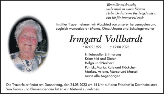 Traueranzeige von Irmgard Vollhardt von Groß-Gerauer Echo