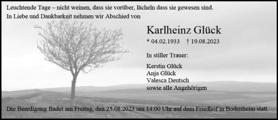 Traueranzeige von KarlHeinz Glück von Allgemeine Zeitung Mainz