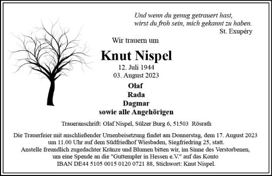 Traueranzeige von Knut Nispel von Wiesbadener Kurier