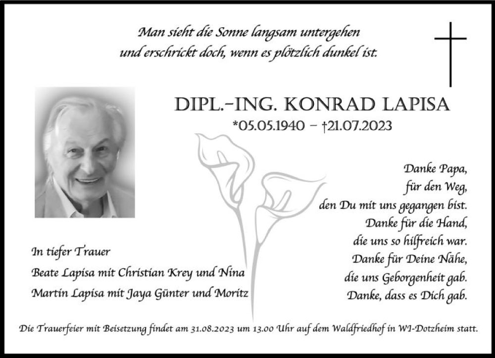  Traueranzeige für Konrad Lapisa vom 26.08.2023 aus Wiesbadener Kurier